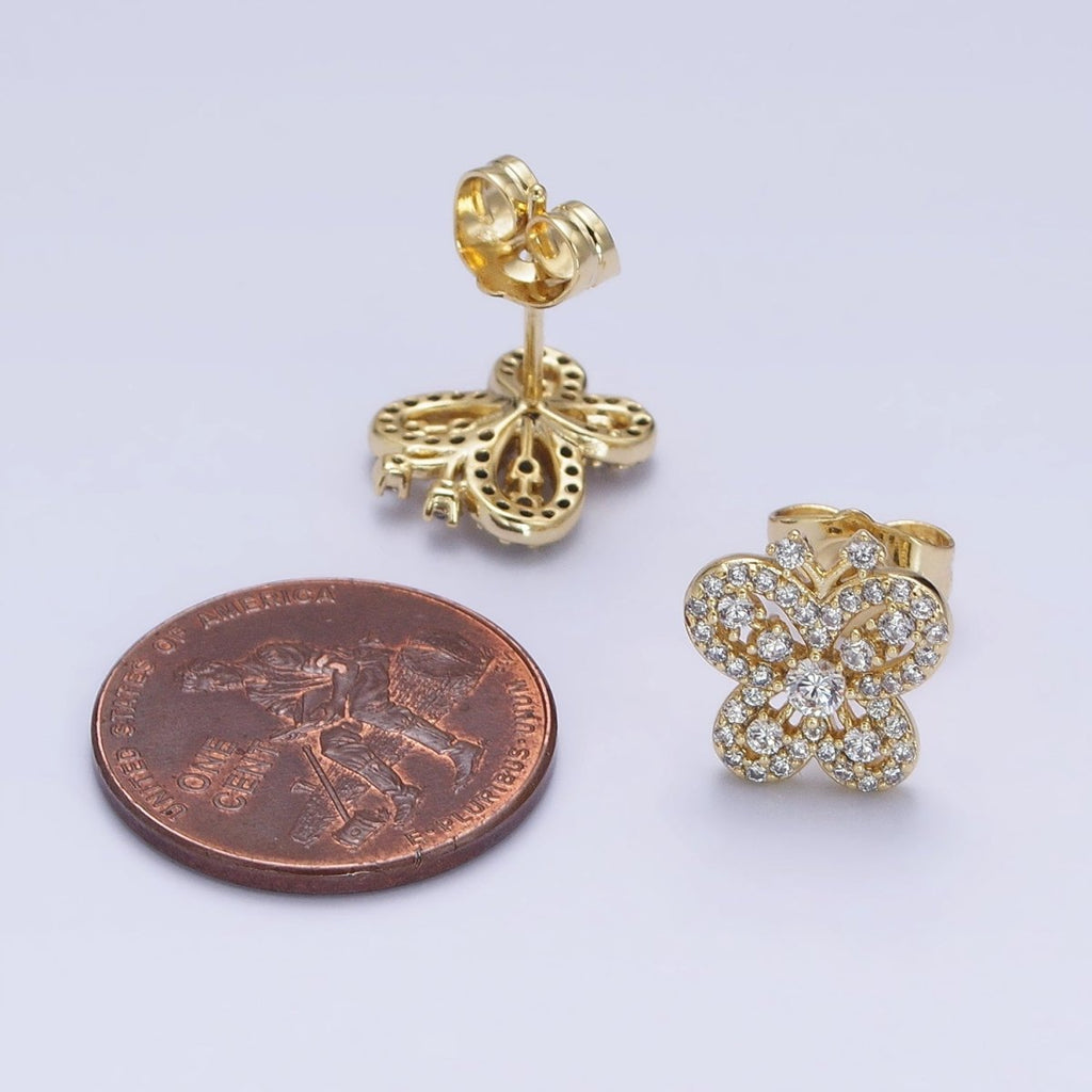 14K Gold plated Clear Micro Paved CZ Butterfly Mariposa Insect Stud Earrings | AD1531 - DLUXCA