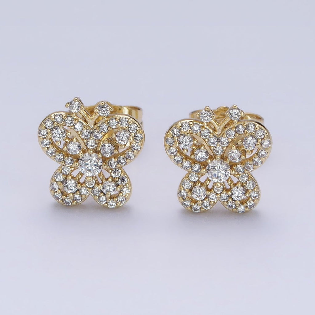 14K Gold plated Clear Micro Paved CZ Butterfly Mariposa Insect Stud Earrings | AD1531 - DLUXCA