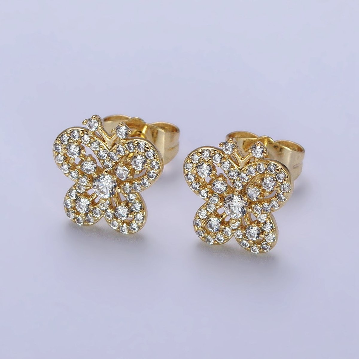 14K Gold plated Clear Micro Paved CZ Butterfly Stud Earrings | AB319 - DLUXCA