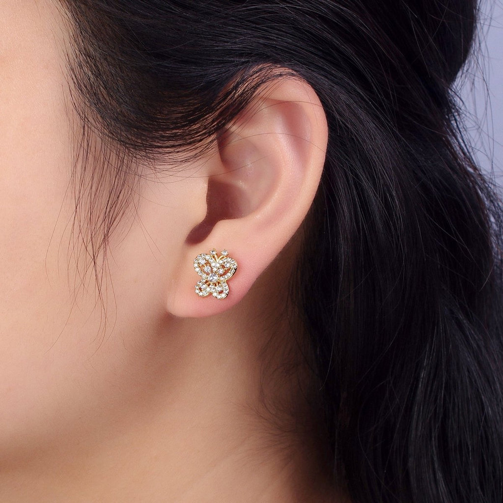 14K Gold plated Clear Micro Paved CZ Butterfly Stud Earrings | AB319 - DLUXCA