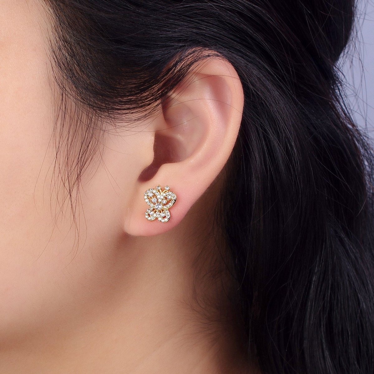 14K Gold plated Clear Micro Paved CZ Butterfly Stud Earrings | AB319 - DLUXCA