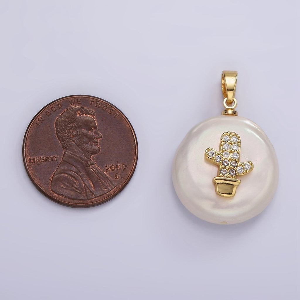 14K Gold plated Clear Micro Paved CZ Cactus Plant Freshwater Pearl Pendant | P1667 - DLUXCA