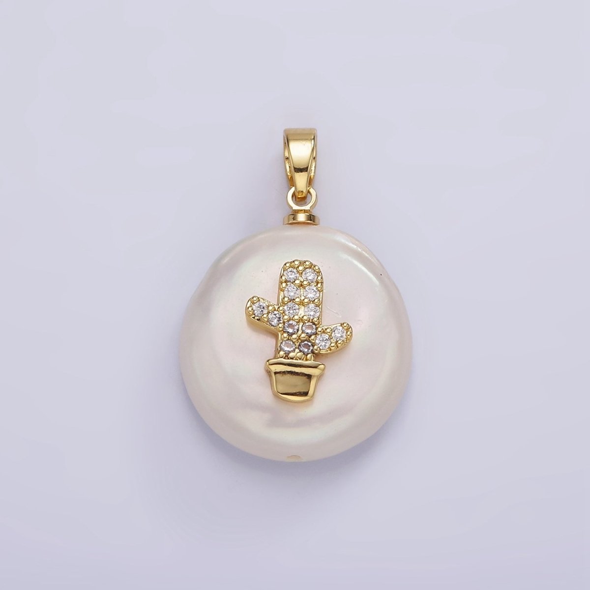 14K Gold plated Clear Micro Paved CZ Cactus Plant Freshwater Pearl Pendant | P1667 - DLUXCA