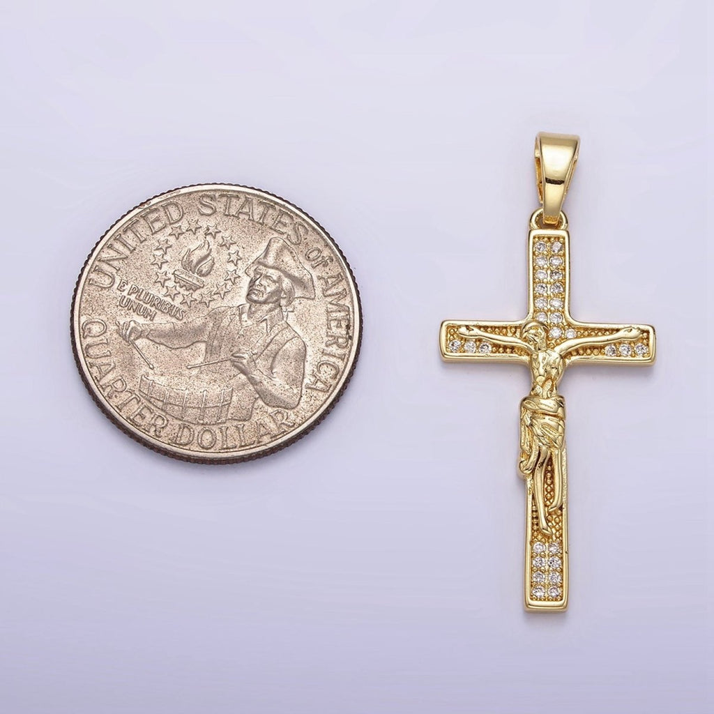 14K Gold plated Clear Micro Paved CZ Crucifix Latin Cross Pendant | N1281 - DLUXCA