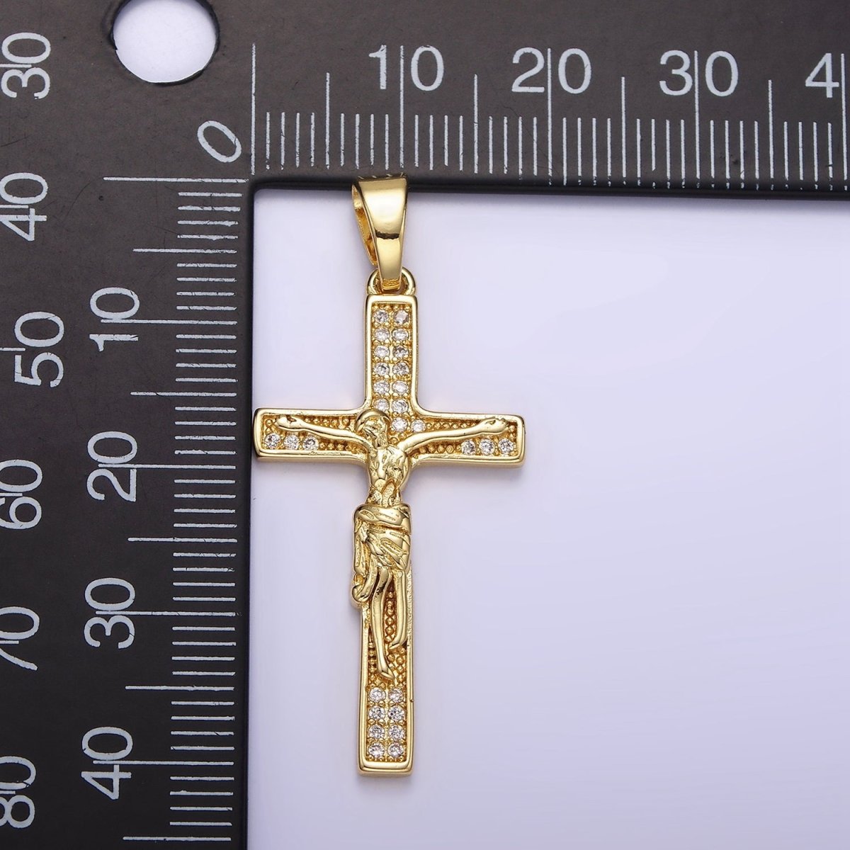 14K Gold plated Clear Micro Paved CZ Crucifix Latin Cross Pendant | N1281 - DLUXCA