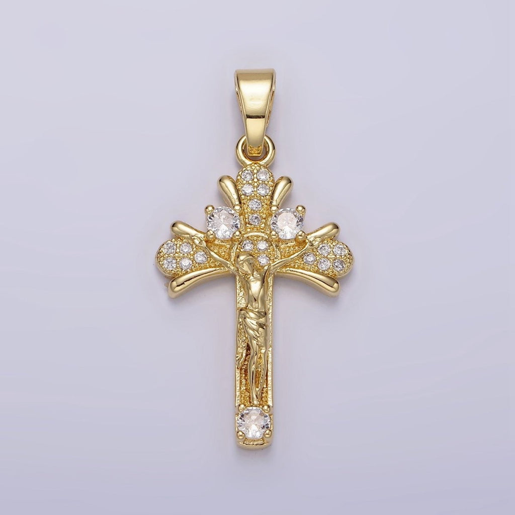 14K Gold plated Clear Micro Paved CZ Curved Crucifix Cross Pendant | N1282 - DLUXCA