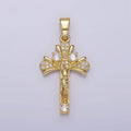 14K Gold plated Clear Micro Paved CZ Curved Crucifix Cross Pendant | N1282 - DLUXCA