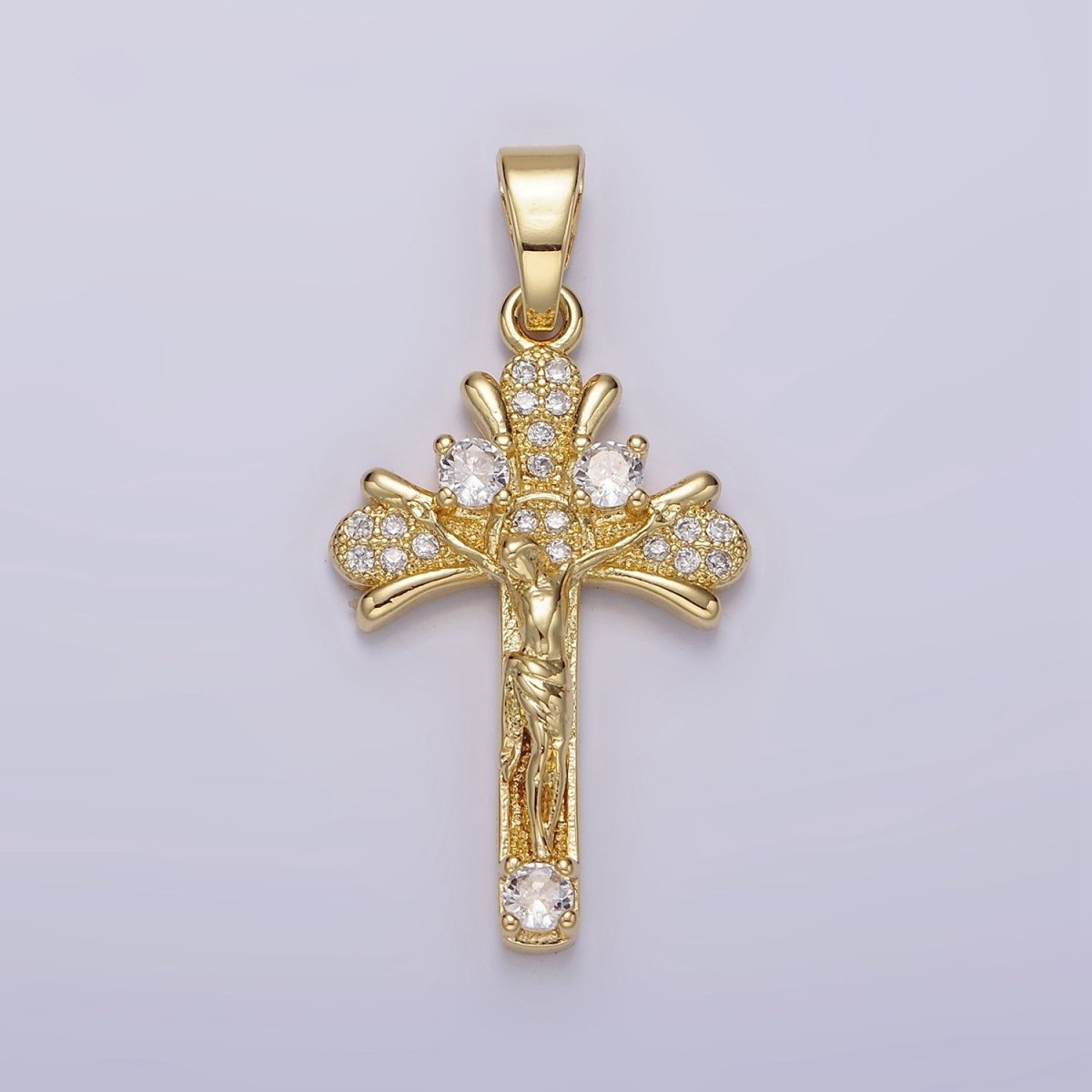 14K Gold plated Clear Micro Paved CZ Curved Crucifix Cross Pendant | N1282 - DLUXCA