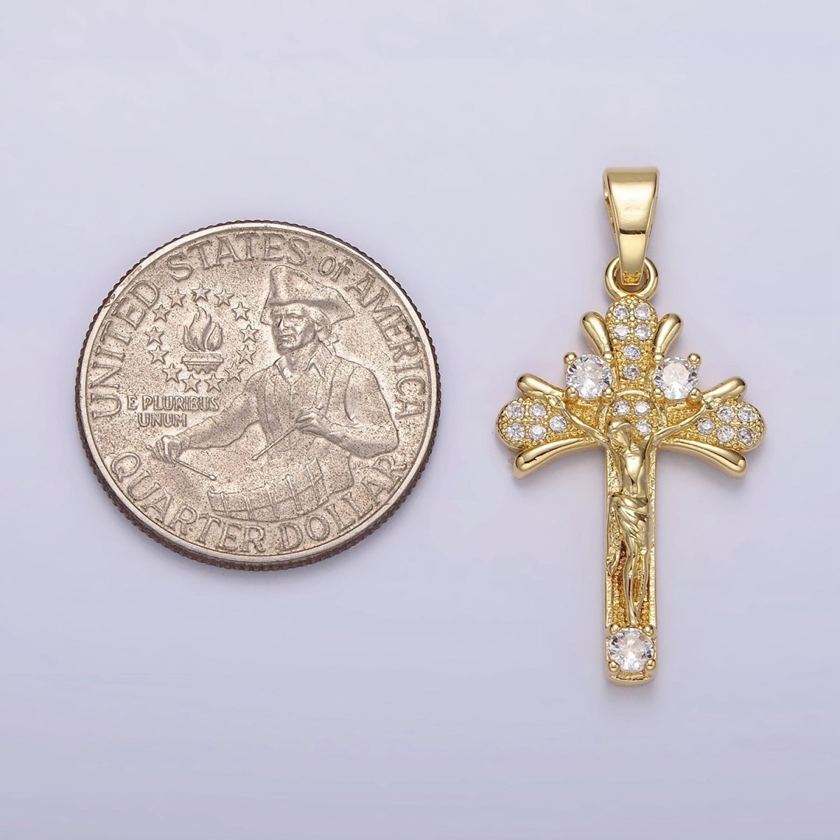 14K Gold plated Clear Micro Paved CZ Curved Crucifix Cross Pendant | N1282 - DLUXCA