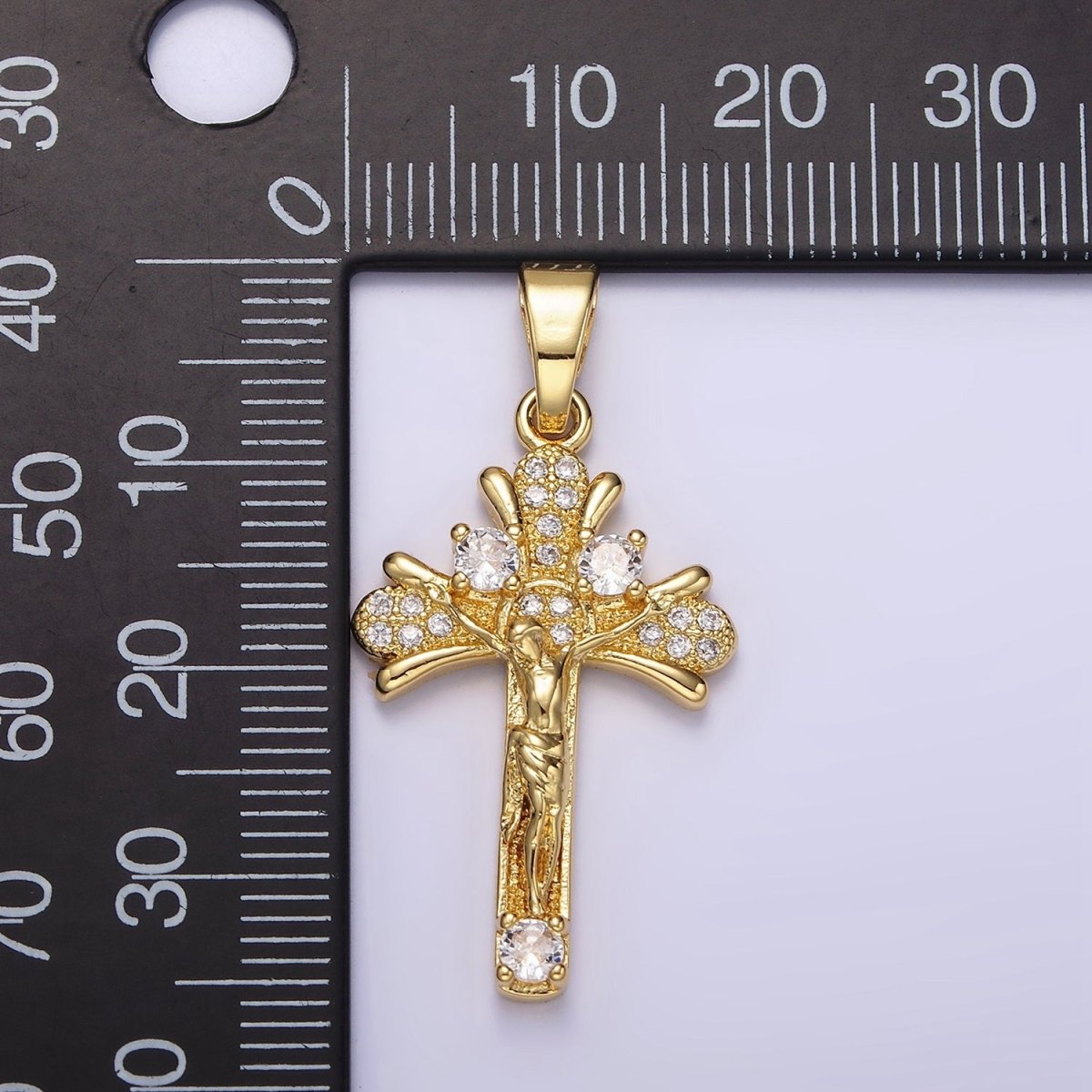 14K Gold plated Clear Micro Paved CZ Curved Crucifix Cross Pendant | N1282 - DLUXCA