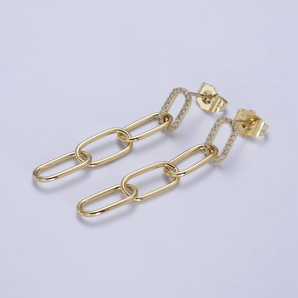 14K Gold plated Clear Micro Paved CZ Paper Clip Drop Dangle Stud Earrings | AB329 - DLUXCA