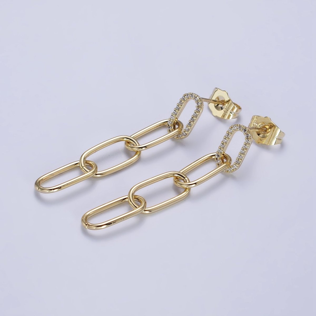 14K Gold plated Clear Micro Paved CZ Paper Clip Drop Dangle Stud Earrings | AB329 - DLUXCA
