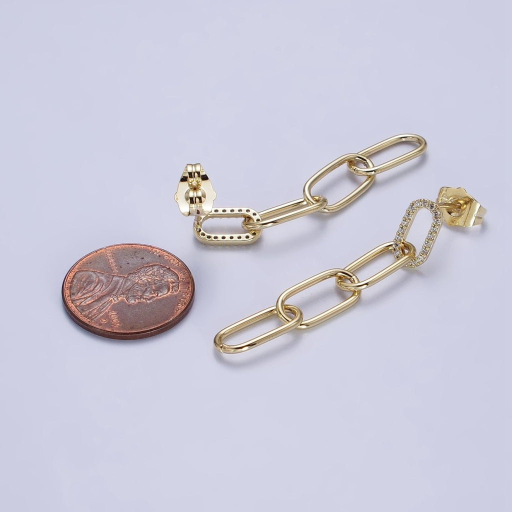 14K Gold plated Clear Micro Paved CZ Paper Clip Drop Dangle Stud Earrings | AB329 - DLUXCA
