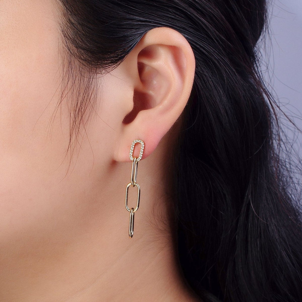 14K Gold plated Clear Micro Paved CZ Paper Clip Drop Dangle Stud Earrings | AB329 - DLUXCA
