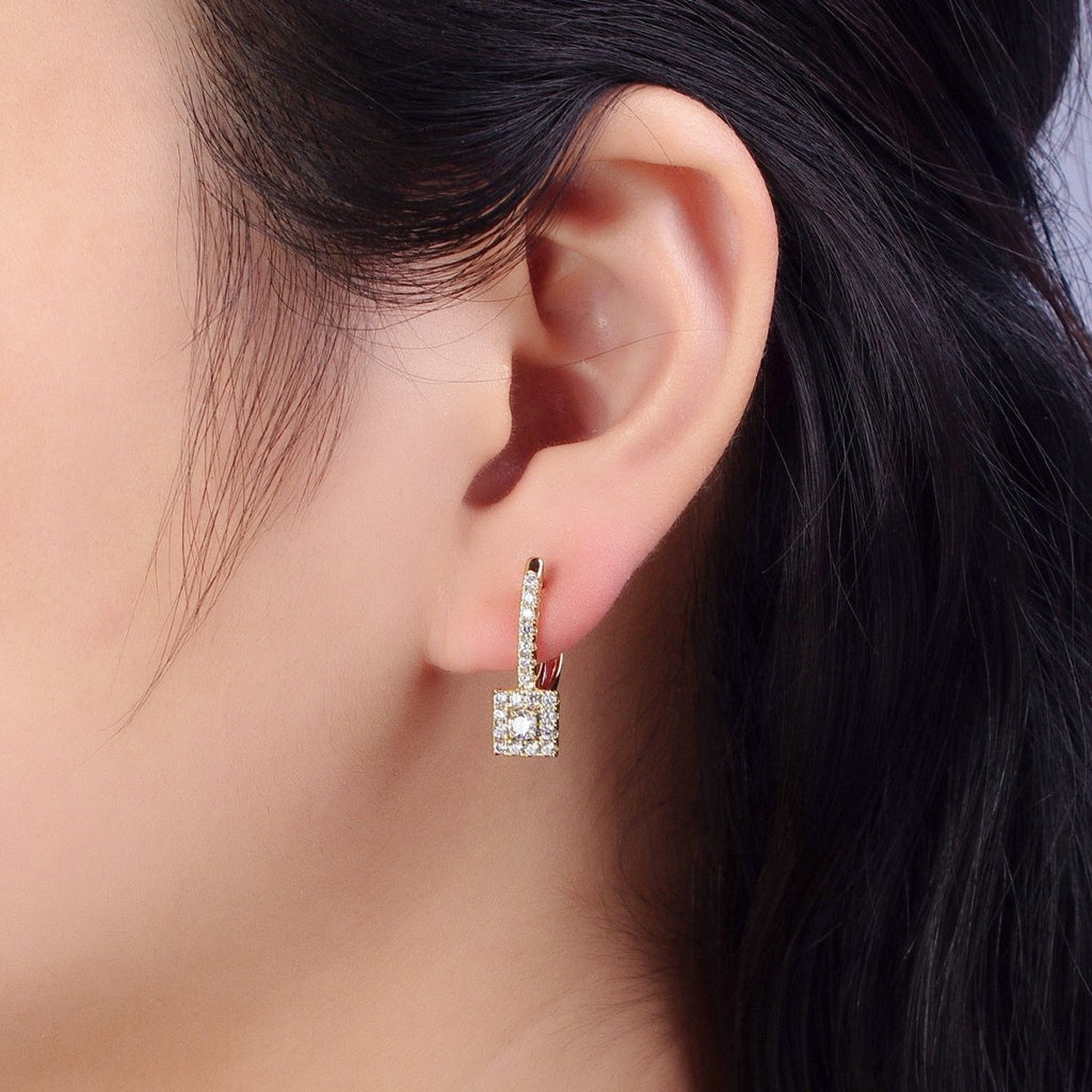 14K Gold plated Clear Micro Paved CZ Square English Lock Earrings | AB316 - DLUXCA
