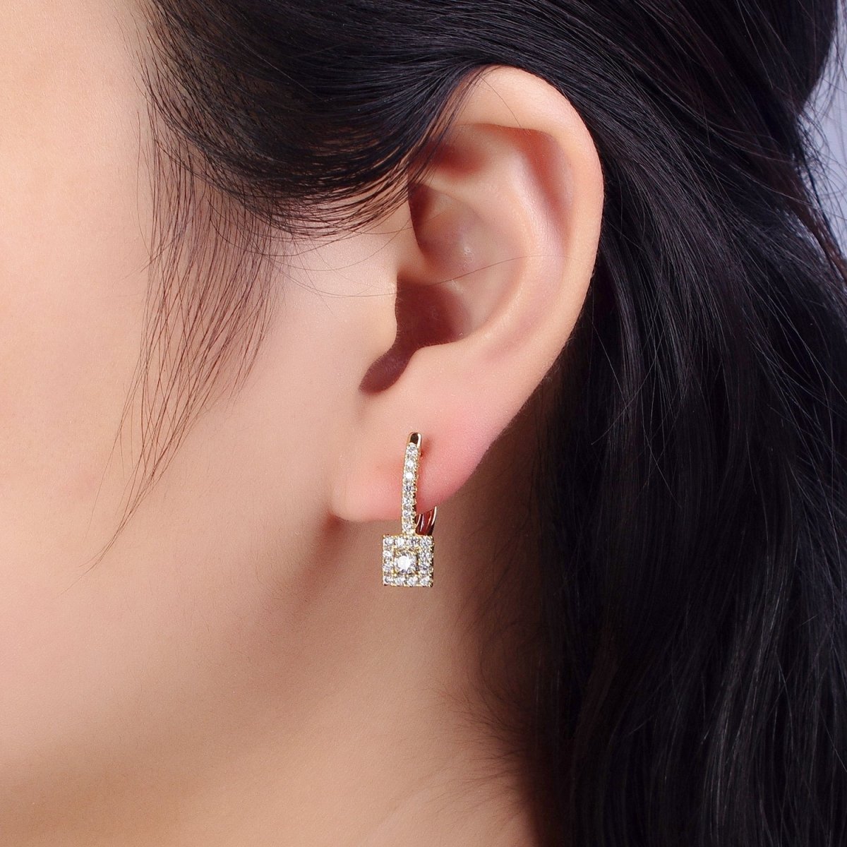 14K Gold plated Clear Micro Paved CZ Square English Lock Earrings | AB316 - DLUXCA