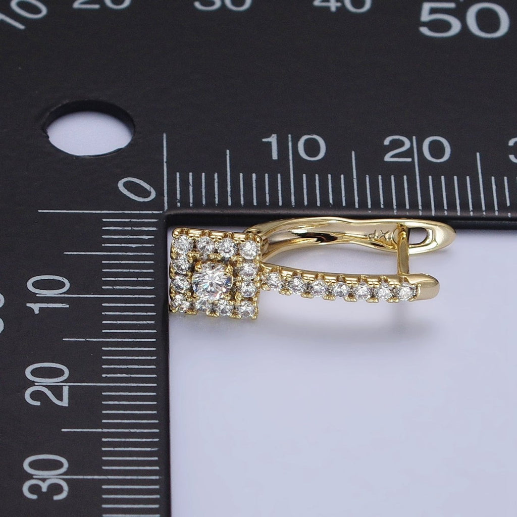 14K Gold plated Clear Micro Paved CZ Square English Lock Earrings | AB316 - DLUXCA
