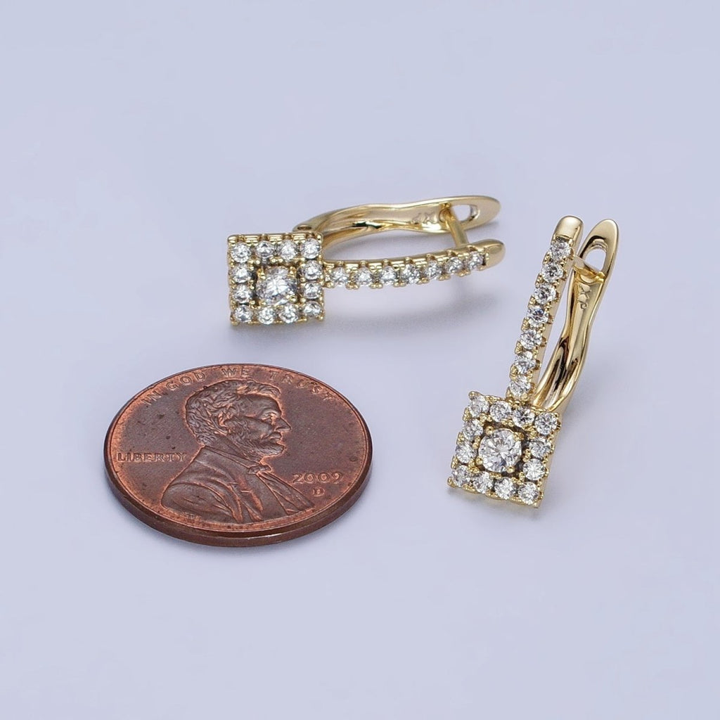 14K Gold plated Clear Micro Paved CZ Square English Lock Earrings | AB316 - DLUXCA