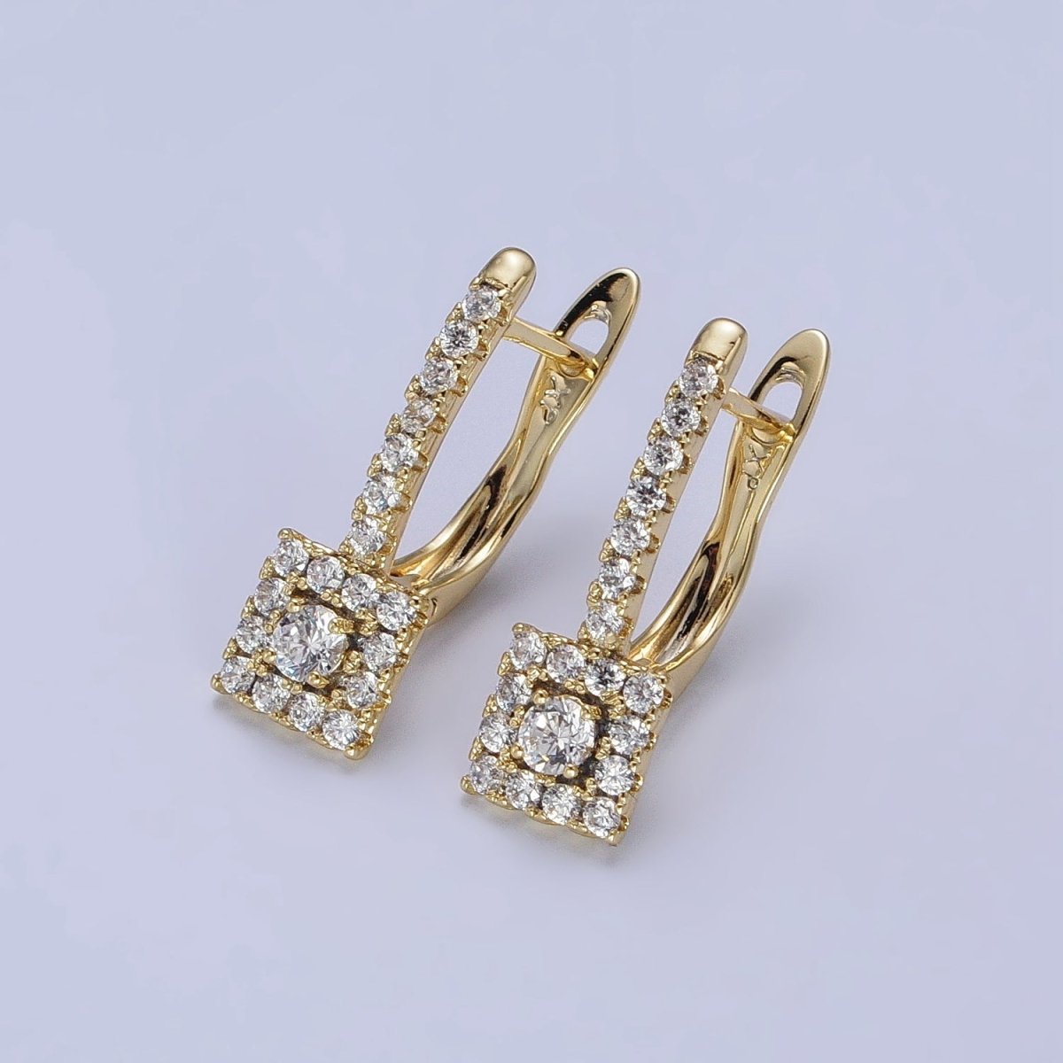 14K Gold plated Clear Micro Paved CZ Square English Lock Earrings | AB316 - DLUXCA
