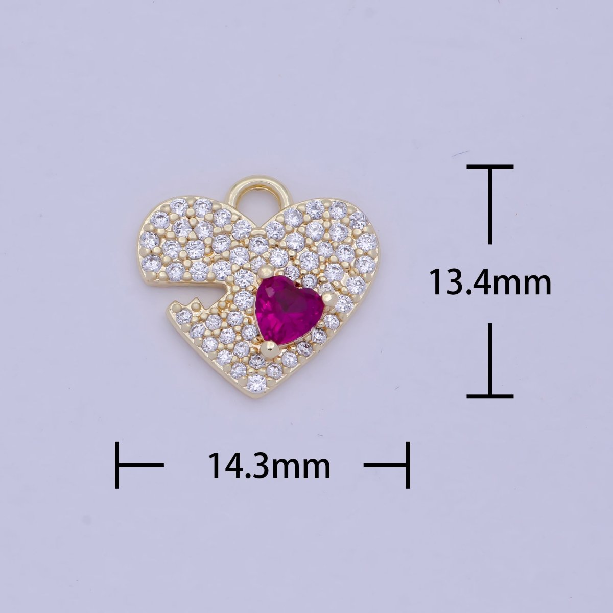 14K Gold plated Clear Micro Paved Fuchsia CZ Heart Valentine Charm E-778 - DLUXCA
