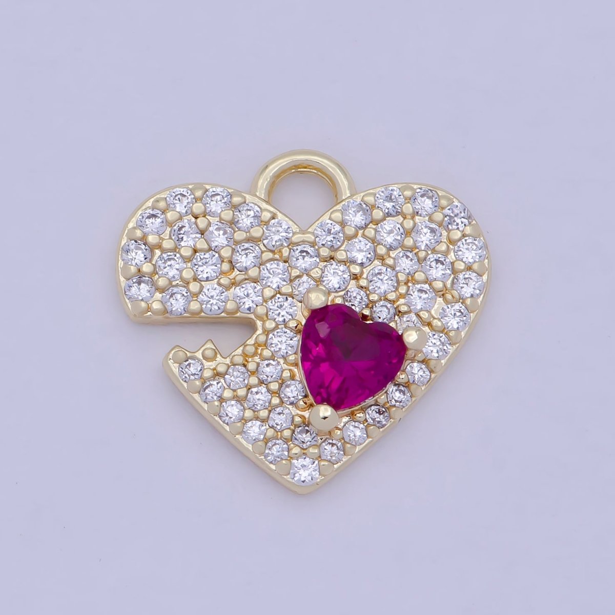 14K Gold plated Clear Micro Paved Fuchsia CZ Heart Valentine Charm E-778 - DLUXCA