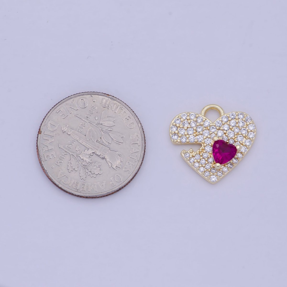14K Gold plated Clear Micro Paved Fuchsia CZ Heart Valentine Charm E-778 - DLUXCA