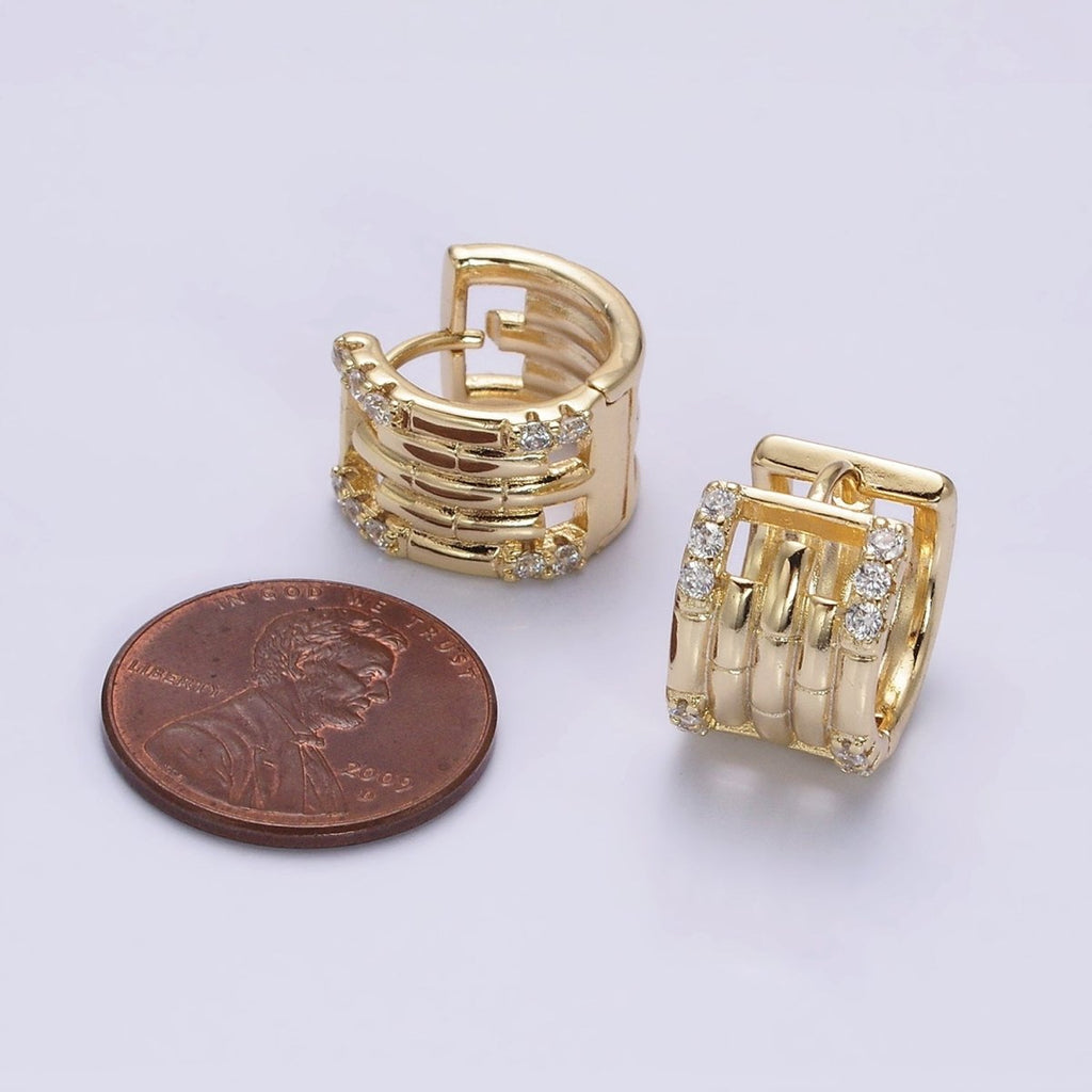 14K Gold plated Clear Micro Paved Lined Multiple Band Bamboo Wide 14mm Huggie Earrings | AE549 - DLUXCA
