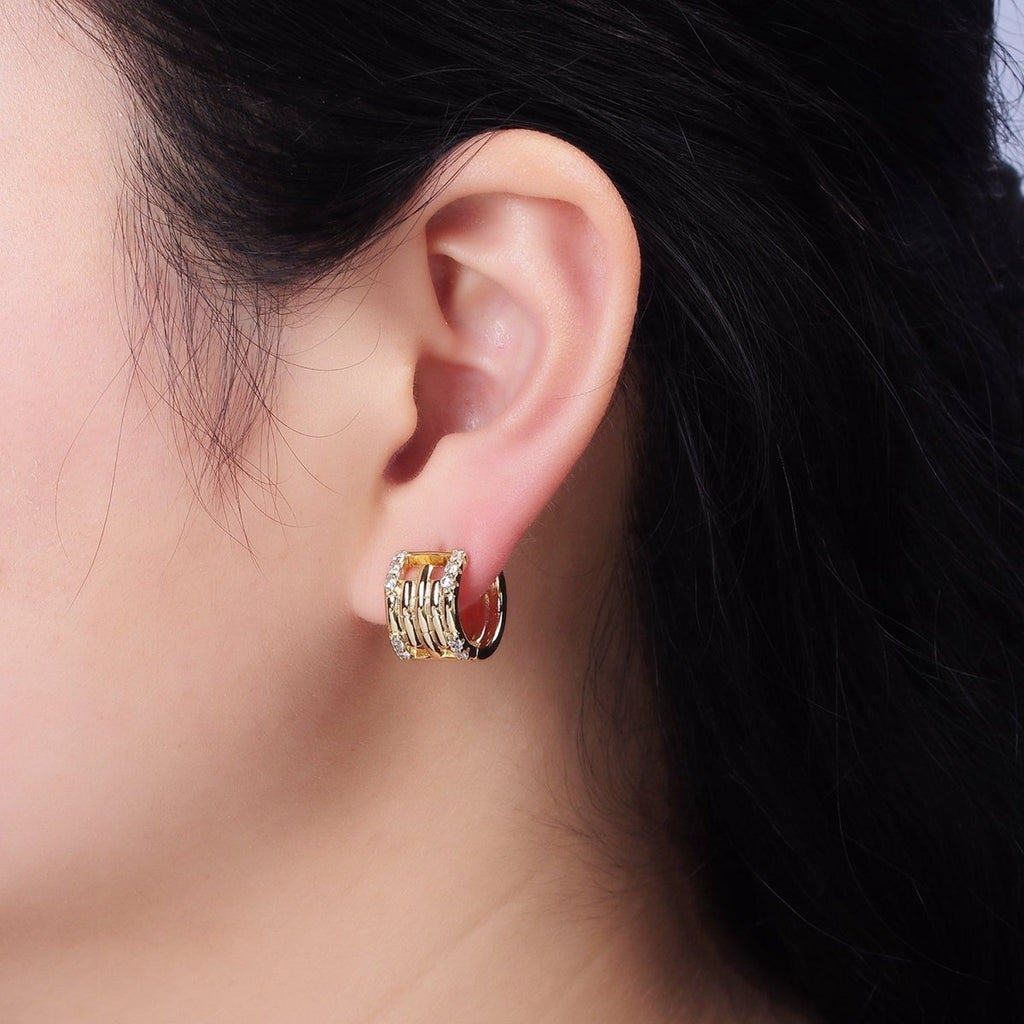 14K Gold plated Clear Micro Paved Lined Multiple Band Bamboo Wide 14mm Huggie Earrings | AE549 - DLUXCA