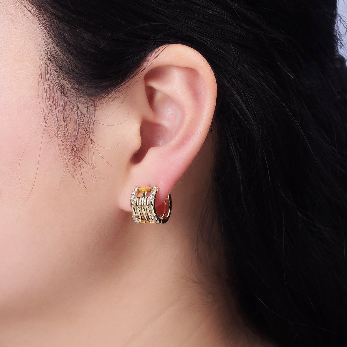 14K Gold plated Clear Micro Paved Lined Multiple Band Bamboo Wide 14mm Huggie Earrings | AE549 - DLUXCA
