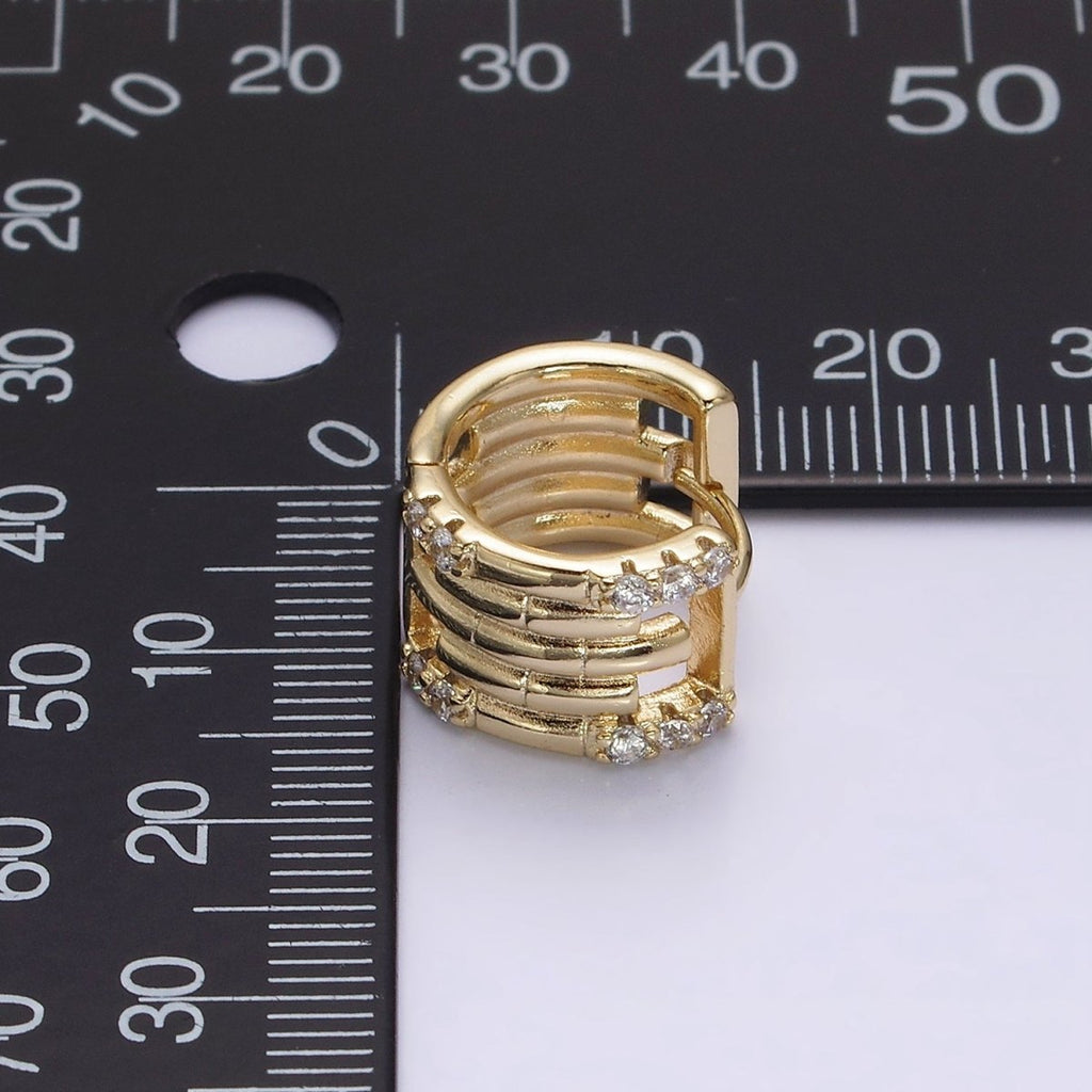 14K Gold plated Clear Micro Paved Lined Multiple Band Bamboo Wide 14mm Huggie Earrings | AE549 - DLUXCA
