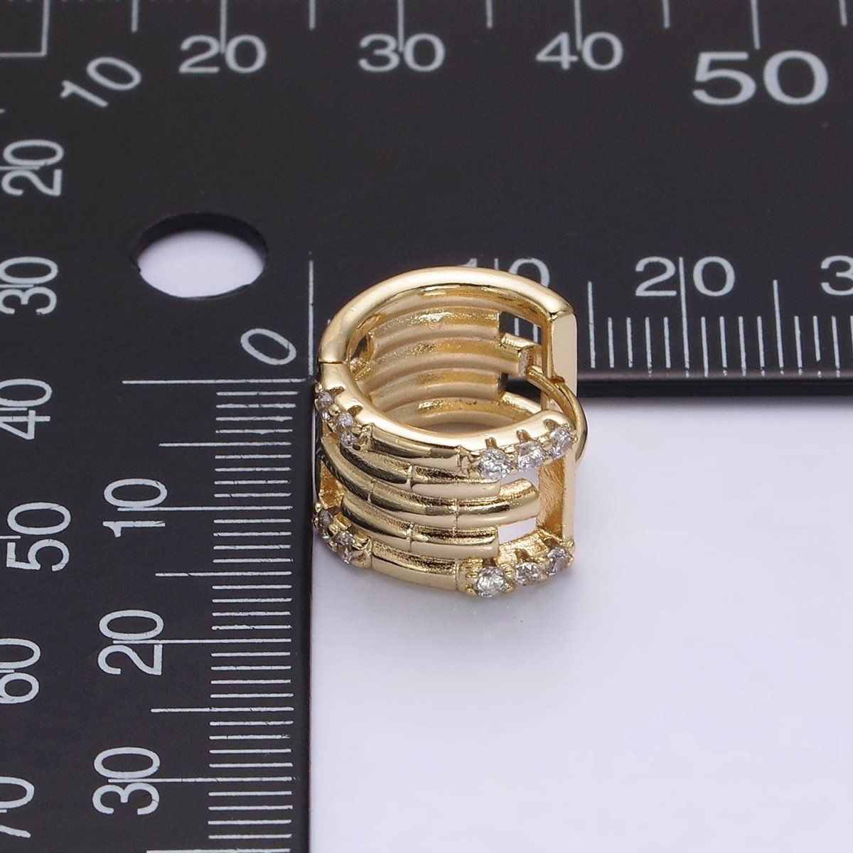 14K Gold plated Clear Micro Paved Lined Multiple Band Bamboo Wide 14mm Huggie Earrings | AE549 - DLUXCA