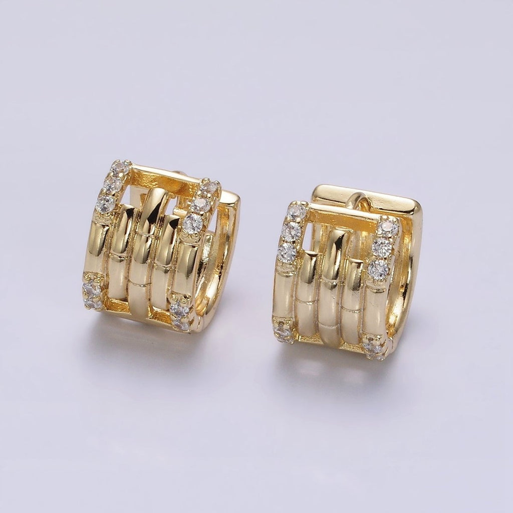 14K Gold plated Clear Micro Paved Lined Multiple Band Bamboo Wide 14mm Huggie Earrings | AE549 - DLUXCA