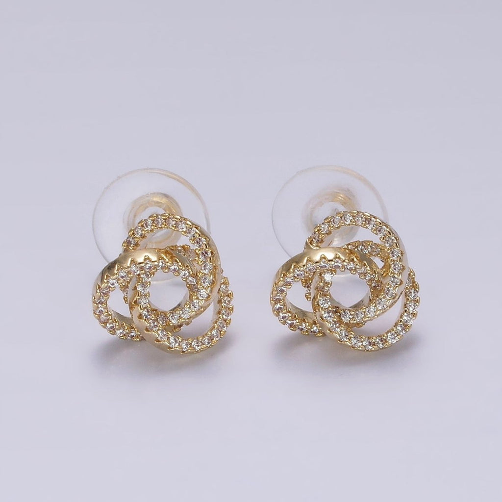 14K Gold plated Clear Micro Paved Triple Round Circular Stud Earrings in Gold & Silver | V-257 V-258 - DLUXCA