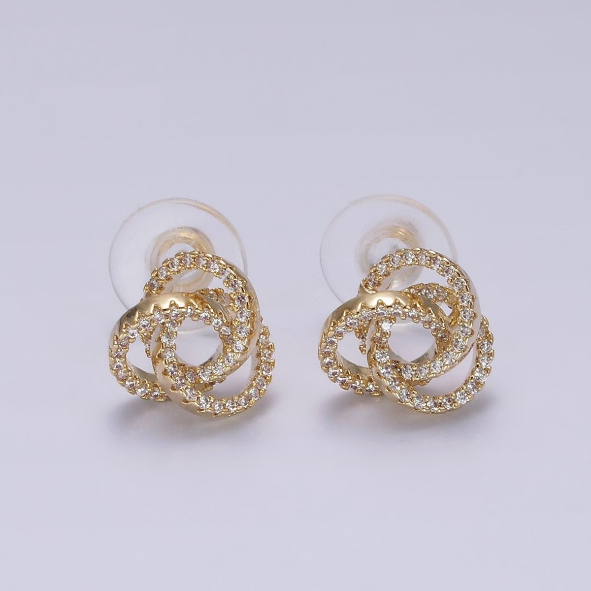 14K Gold plated Clear Micro Paved Triple Round Circular Stud Earrings in Gold & Silver | V-257 V-258 - DLUXCA
