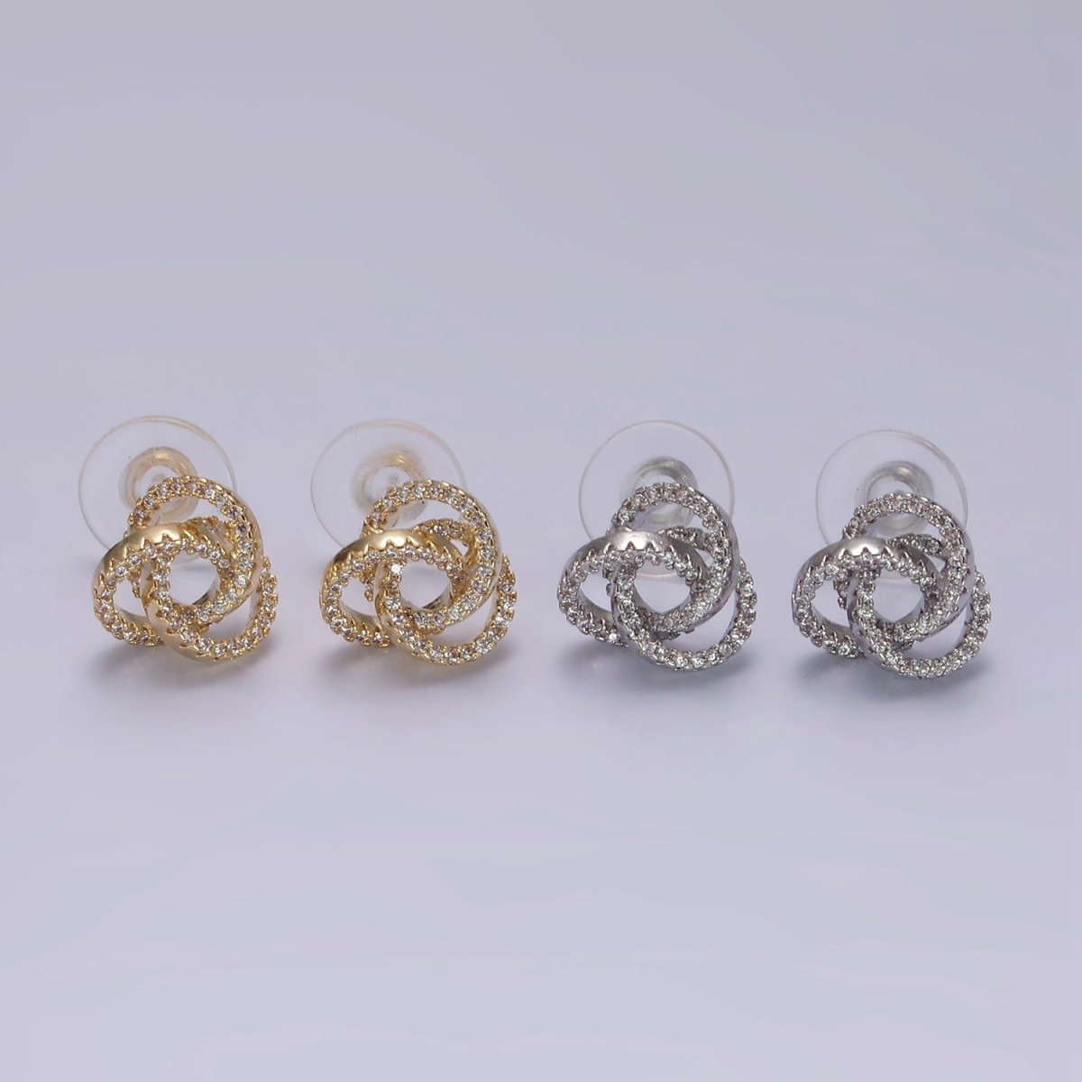14K Gold plated Clear Micro Paved Triple Round Circular Stud Earrings in Gold & Silver | V-257 V-258 - DLUXCA