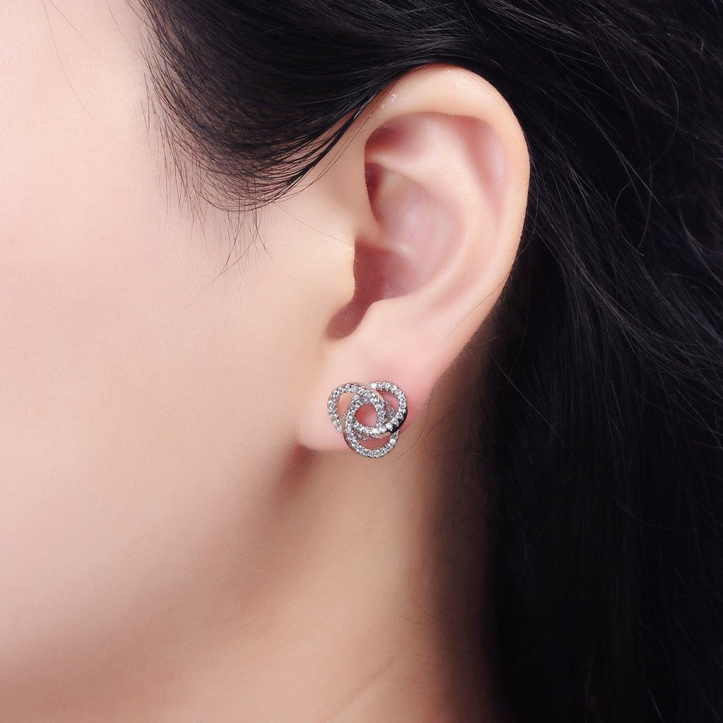 14K Gold plated Clear Micro Paved Triple Round Circular Stud Earrings in Gold & Silver | V-257 V-258 - DLUXCA