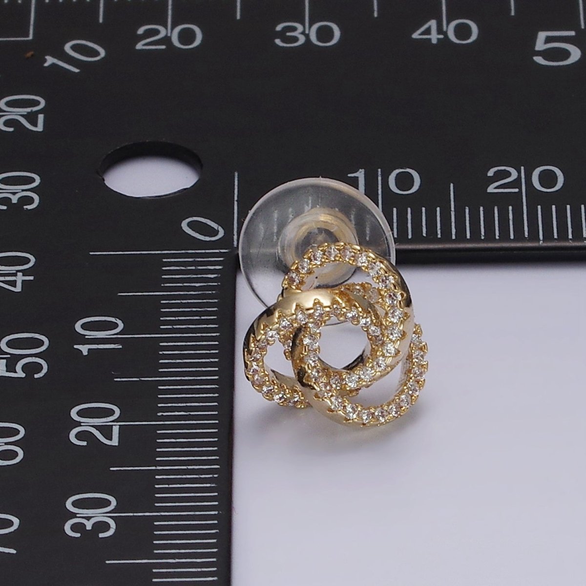 14K Gold plated Clear Micro Paved Triple Round Circular Stud Earrings in Gold & Silver | V-257 V-258 - DLUXCA