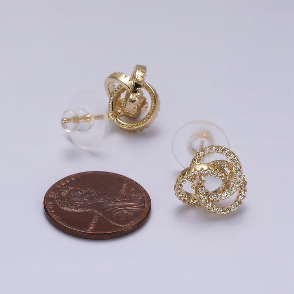 14K Gold plated Clear Micro Paved Triple Round Circular Stud Earrings in Gold & Silver | V-257 V-258 - DLUXCA