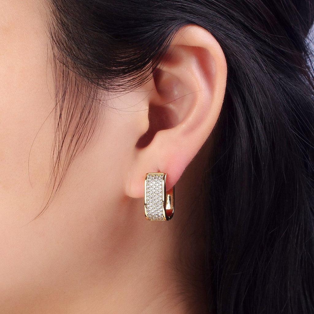 14K Gold plated Clear Micro Paved Wide U-Shaped Oblong Hoop Earrings | AB333 - DLUXCA