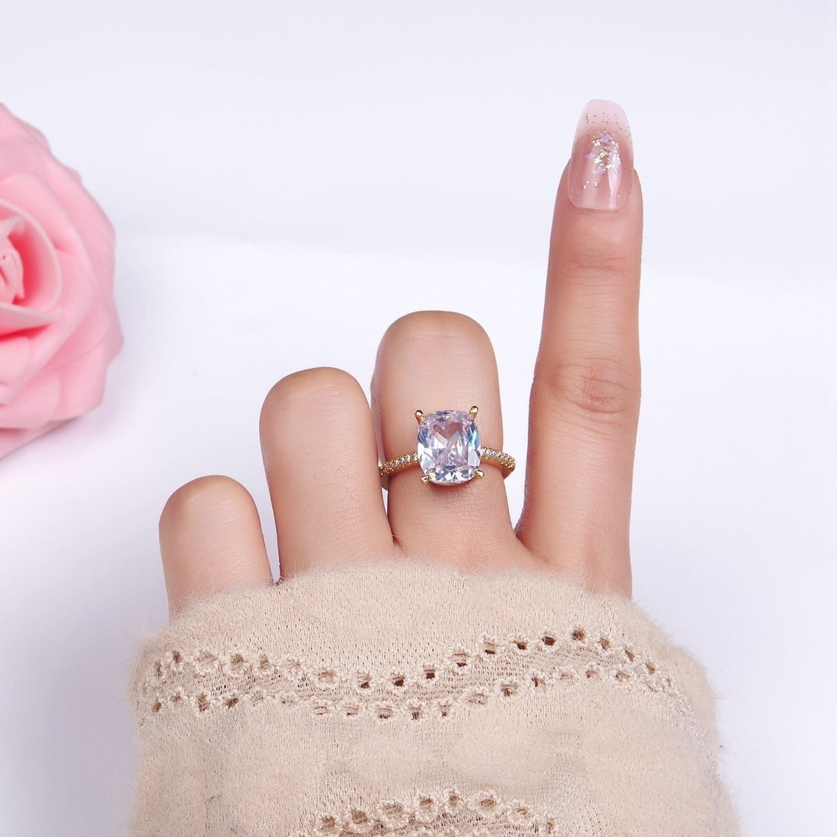 14K Gold plated Clear Oval CZ Micro Paved Solitaire Ring | O1327 - DLUXCA