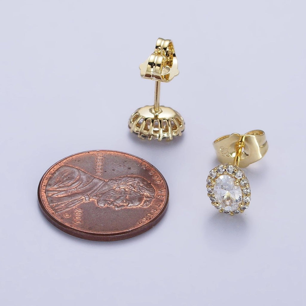 14K Gold plated Clear Oval CZ Micro Paved Stud Earrings | AB312 - DLUXCA