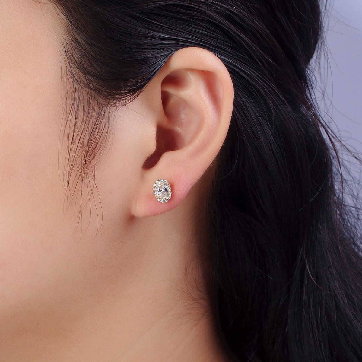 14K Gold plated Clear Oval CZ Micro Paved Stud Earrings | AB312 - DLUXCA
