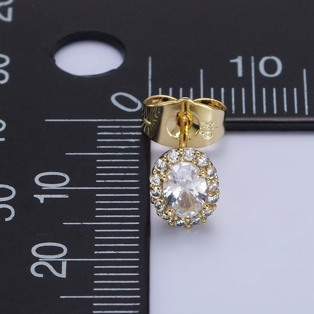 14K Gold plated Clear Oval CZ Micro Paved Stud Earrings | AB312 - DLUXCA