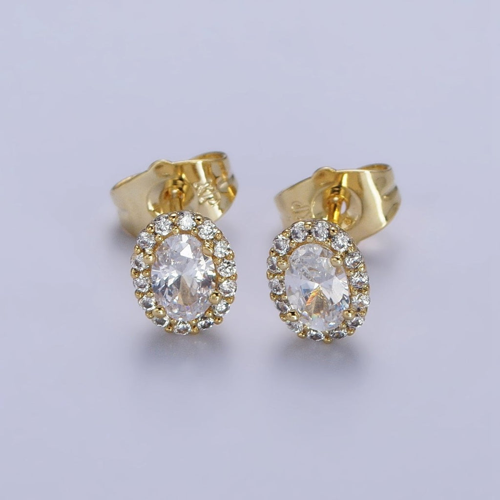 14K Gold plated Clear Oval CZ Micro Paved Stud Earrings | AB312 - DLUXCA