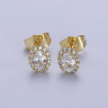 14K Gold plated Clear Oval CZ Micro Paved Stud Earrings | AB312 - DLUXCA