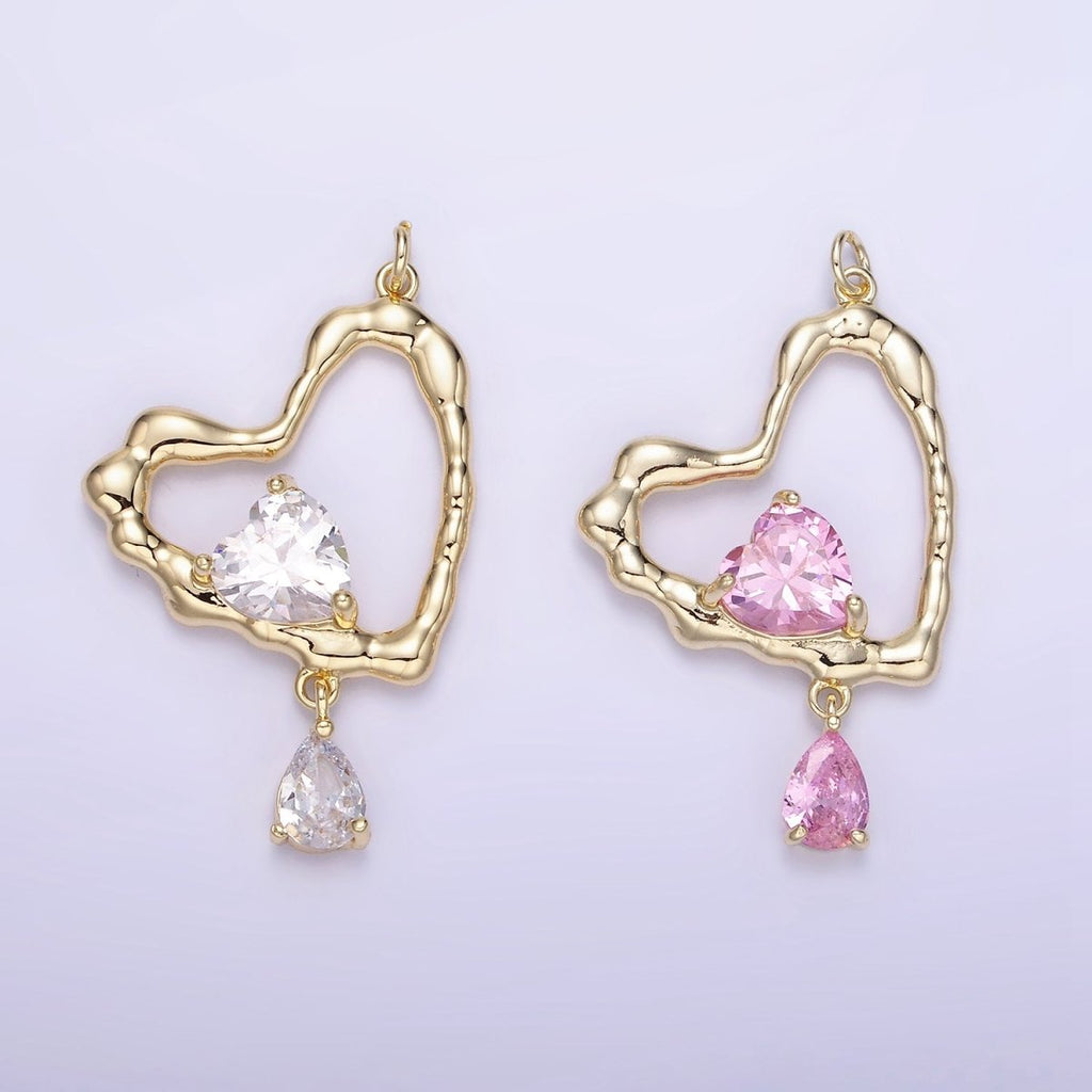 14K Gold plated Clear, Pink CZ Open Heart Teardrop Drop Charm | AG712