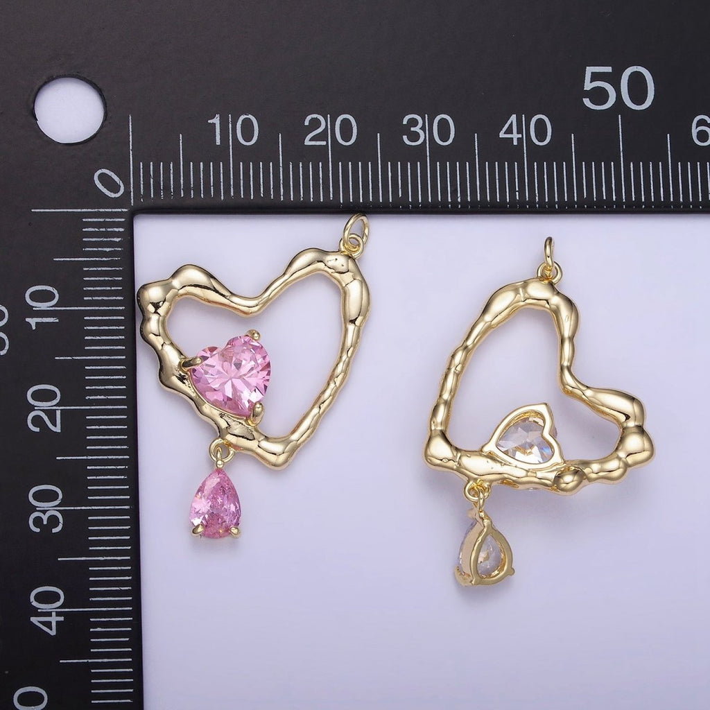 14K Gold plated Clear, Pink CZ Open Heart Teardrop Drop Charm | AG712