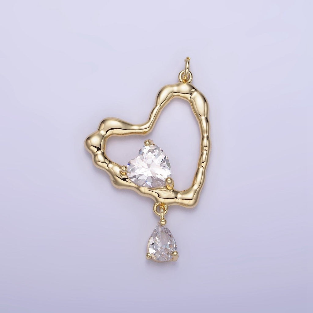 14K Gold plated Clear, Pink CZ Open Heart Teardrop Drop Charm | AG712