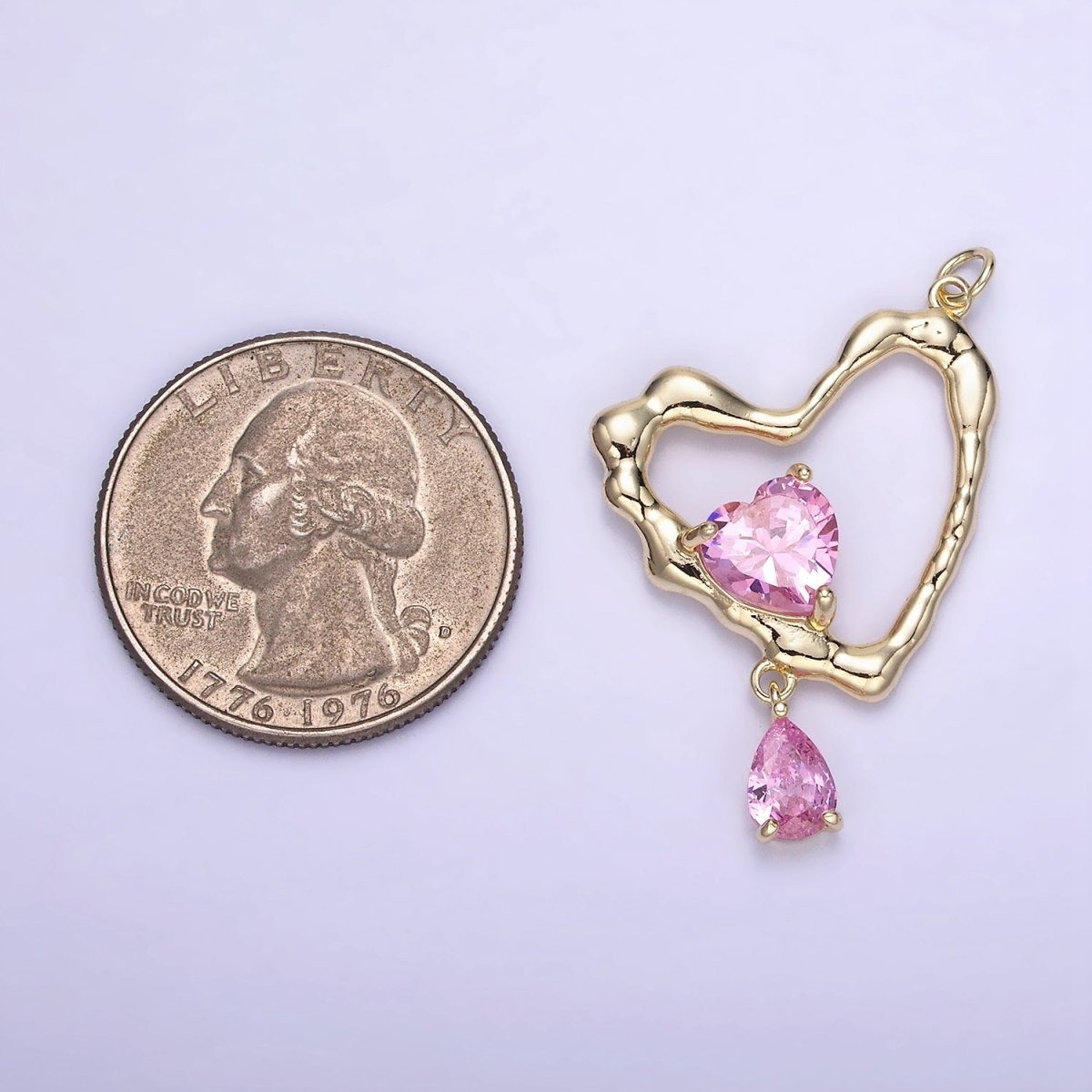 14K Gold plated Clear, Pink CZ Open Heart Teardrop Drop Charm | AG712