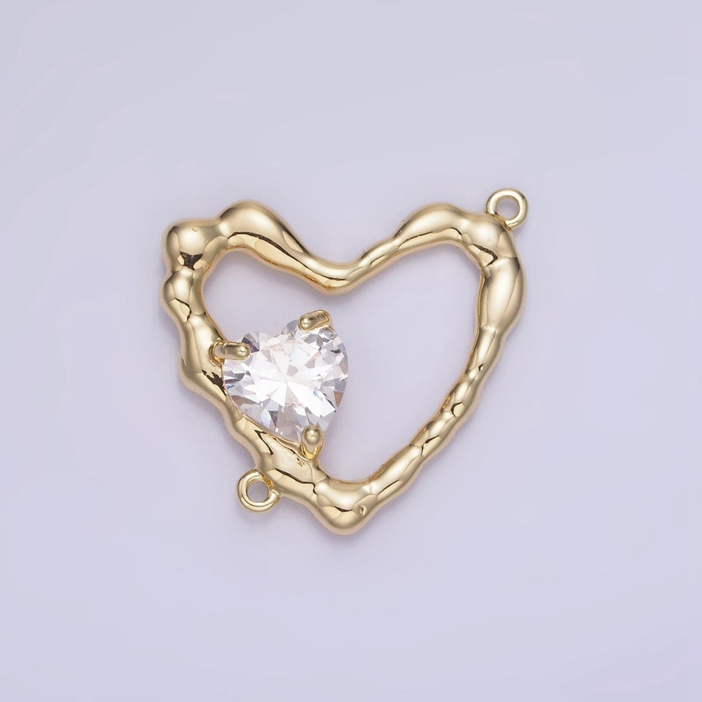 14K Gold plated Clear, Pink CZ Open Molten Heart Connector | G288